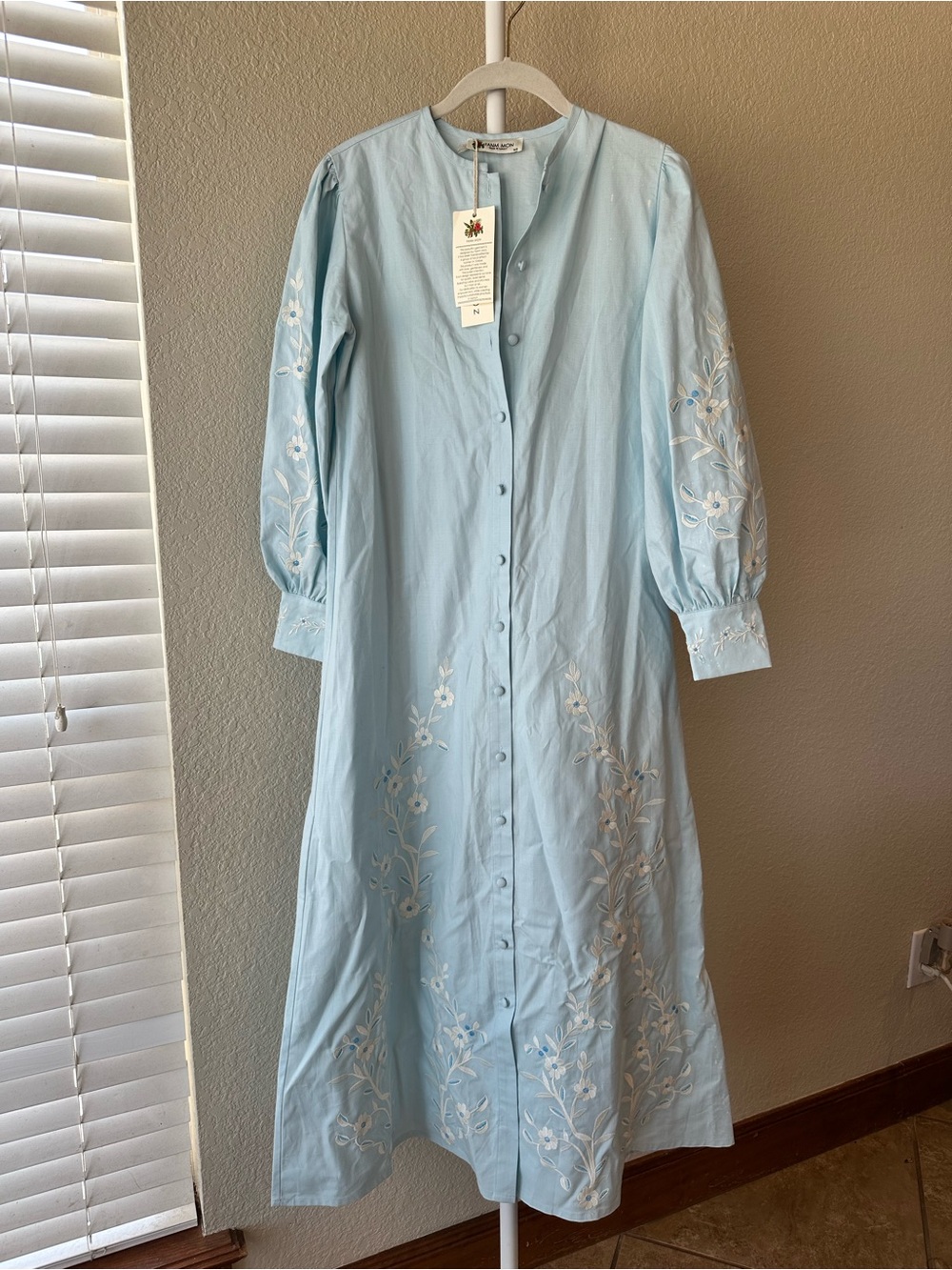 Fanm Mon Lindsay cotton embroidered long sleeve maxi dress in light blue XS